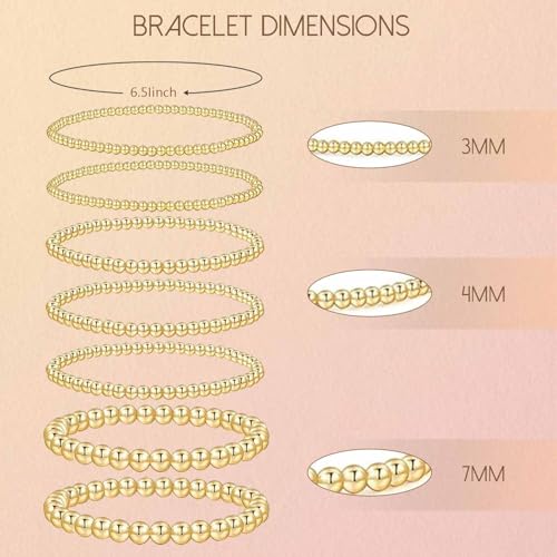 7PCS Layered Beaded Bracelets Set for Women Trendy Stretch Elastic Round Ball Beads Bangles Boho Chunky Gold Stackable Bracelets Dainty Jewelry for Gifts - color: Gold