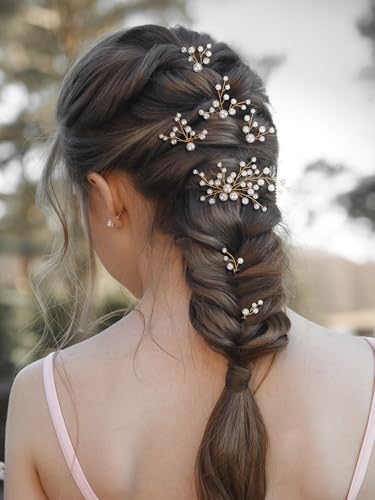 SWEETV 7 Pieces Bride Hair Accessories Pearl Wedding Hair Pins Leaf Bridal Hair Piece Vintage Hair Headpiece Leaf Hair Clips Jewelry for Women Bridesmaids Brides Flower Girls - color: Set-B-Gold