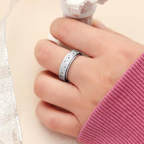 Anxiety Ring for Women Spinner Rings:Rotating Rings Stainless Steel 6mm Moon Star Anxiety for Men Band Jewelry Gift for Women Size 6 7 8 9 10 - color: B-Silver