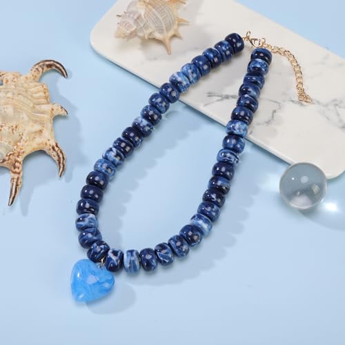 Chunky Colorful Beaded Statement Boho Summer Beach Chokers Necklace Heart Pendant Pink Green Yellow Brown Fashion Jewelry - color: Navy Blue 2