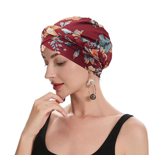 ZLYC Chemo Headwear for Women Pre Tied Turban Headwear Lightweight Beanie Hat - color: Braid Floral Burgundy