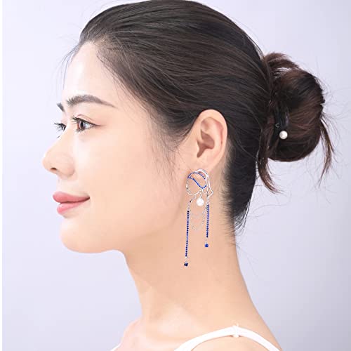Unique Abstract Face Art | Dangle Statement Long Earrings for Women | Rhinestone Tassel Handmade Chandelier Earrings - color: Silver Blue Diamond