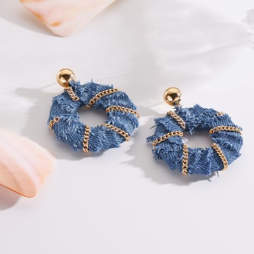 Coiris Bohemian Statement Dangle Earrings for Women Denim Leather Shells Pearl Polygonal Leaf Circle Drop Earrings for Women - style: Denim Chain