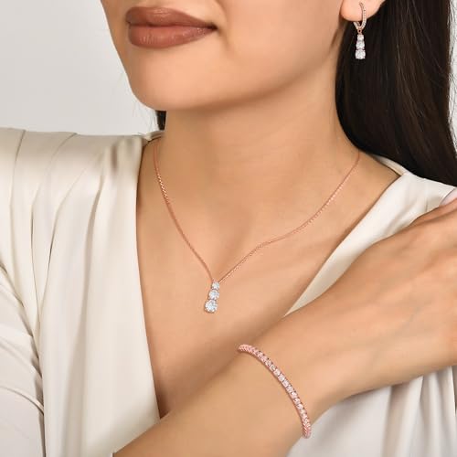 Crysdue Cubic Zirconia Jewelry Set for Women Bridesmaid, Classic Round Cut Drop Lightweight Lever Back Earrings Pendant Necklace Tennis Bracelet for Wedding Prom Party - style: 3pcs Rose Gold