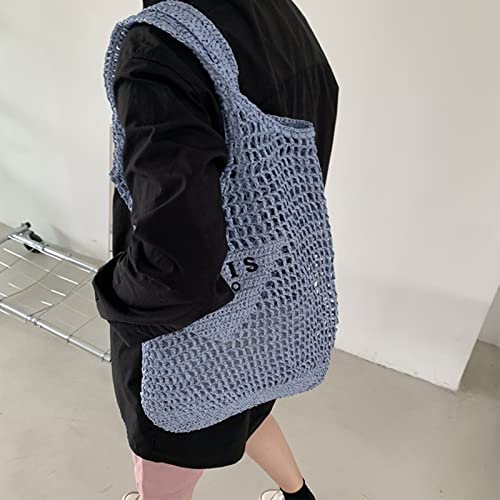 POOOPSSD New Woven Bag, Straw Mesh Tote Bag, Beach, Shoulder Bag, Hobo Women, Foldable Large Capacity, for Holiday. - color: Blue