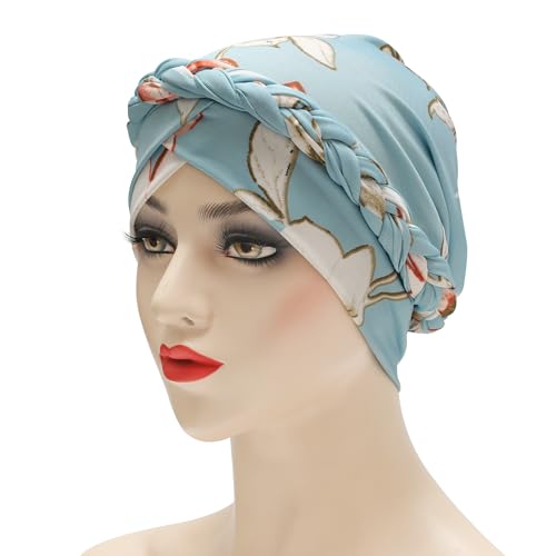 ZLYC Chemo Headwear for Women Pre Tied Turban Headwear Lightweight Beanie Hat - color: Braid Floral Light Blue