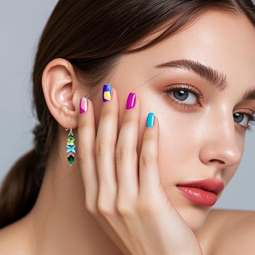 Colorful Cubic Zirconia Dangle Earrings for Women Multicolor Crystal Earrings Rainbow Cz Dangling for Birthstone Jewelry - color: Linght blue and green