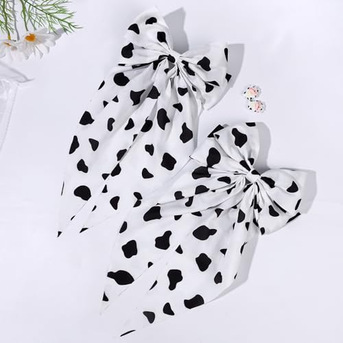 2 PCS 7In Cow Hair Bows Clips for Women Girls, Big Cow Print Long Tail White Black Hair Bow Large Hair Ribbon Barrettes Metal Clips Bowknot Aesthetic Hair Accessories Gifts (Black White)