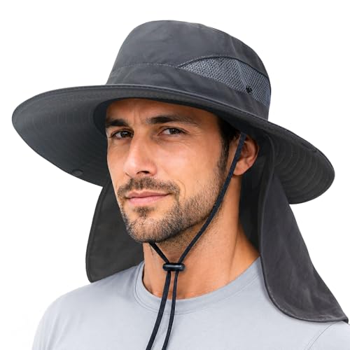 PFFY Sun Bucket Hats for Men Women Fishing Hat UV Protection Wide Brim Beach Safari Hat with Neck Flap - color: Darkgray (With Neck Flap)