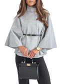 Zaswen Batwing Long Sleeve Cloak Coats for Women Fall Winter Stand Up Collar Oversized Cape Poncho Jackets with Belted - color: Grey, size: X-Large