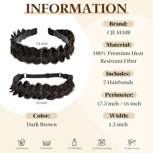 CJL HAIR 2PCs Braided Headbands Hair Piece for Women Synthetic Hair Hoops Head Bands Handmade Braid Hairband Accessories Elastic Stretch Headwrap Dark Brown - color: 2PCS-Dark Brown