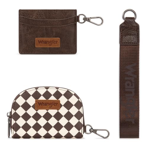 Wrangler KeyChain Wallet Checkered Wristlet Wallets for Women Western Dual Pouch Wristlet Credit Card Holder Wallet - color: Checkered Coffee