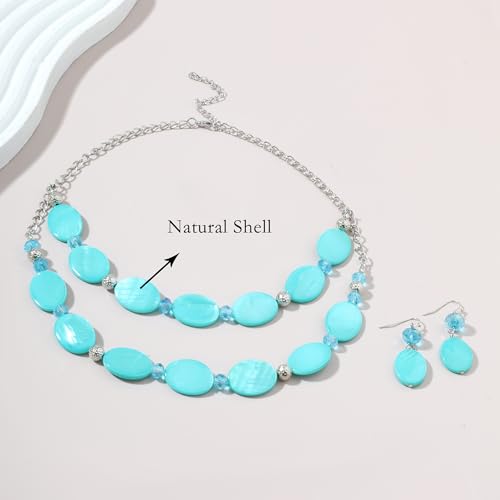 2 Layered Chunky Beaded Shell Necklace for Women Sea Shell blue/yellow/red/green/turquoise/teal/white Statement Necklace and Earring Set Elegant Women Necklace Set Jewelry Sets for Women - color: Aqua blue