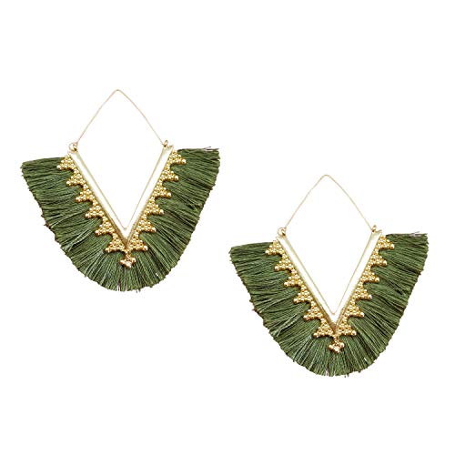 Tassel Hoop Earring Statement Thread Dangle Earrings Stylish Long Fringe Drop Earrings Lightweight Long Swingy French Hook Earrings for Women - color: A Olive Green