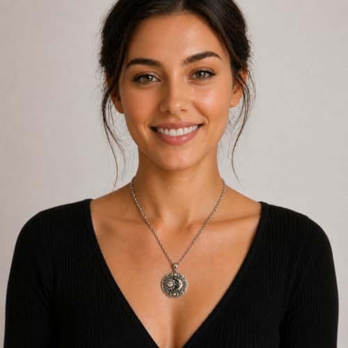 1pc Stunning Round Pendant Necklace - Unique Sun & Moon Pattern, Oil Painting Style Glass Mosaic, Alloy Construction, Trendy Sweater Chain, Fashionable Gift for Women - Christmas or Birthday Gift - color: Gray Moon (Silver)