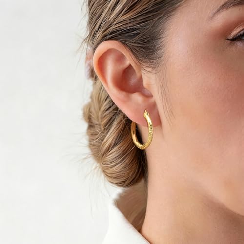 Gold Hoop Earrings for Women 14K Gold Hoop Earrings for Women 14K Gold Earring Hoops Delicate Pattern like Leaf Hoops Earring for Womens 25/30mm - size: 25mm