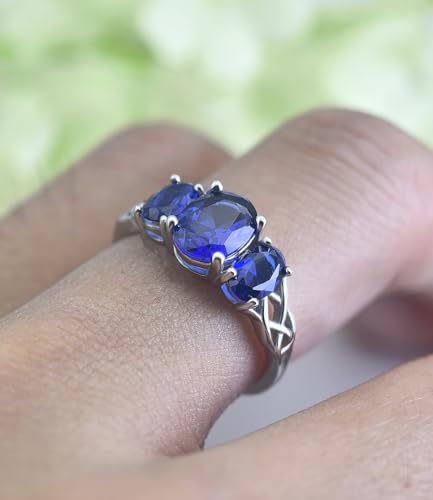 Celtic Birthstone Rings for Women 925 Sterling Silver Celtic Knot Ring 3-Stone Promise Rings for Her Wife Birthday Anniversary Wedding Jewelry - color: 09-Sept-Sapphire