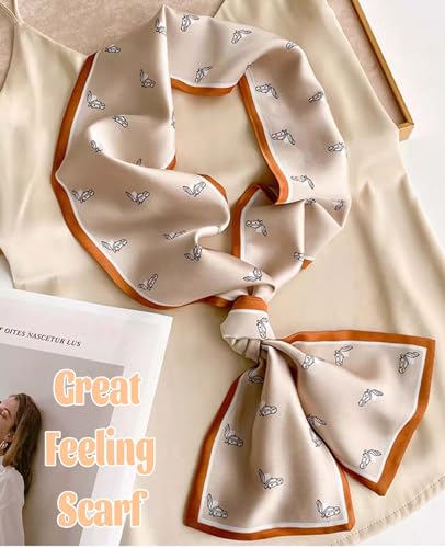 kcctoo 59" Mulberry Silk Like Head Scarf Women's Fashion Square Neck Satin Scarfs for Bag Hair Scarves Gift 59 * 5.9” - color: A002-khaki Spotted Horse Head/59"x5.9"