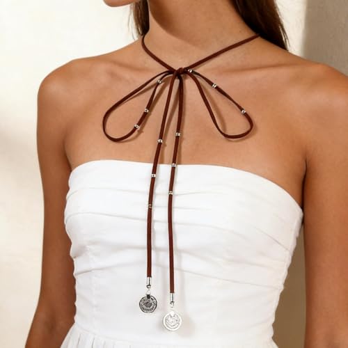 Long Leather Necklaces for Women Tie Wrap Lariat Y Shaped Vintage Knot Coin Boho Pendant Choker Dainty Charm Chain Pendant Statement Chunky Jewelry Accessories Gifts - color: A:bow necklace