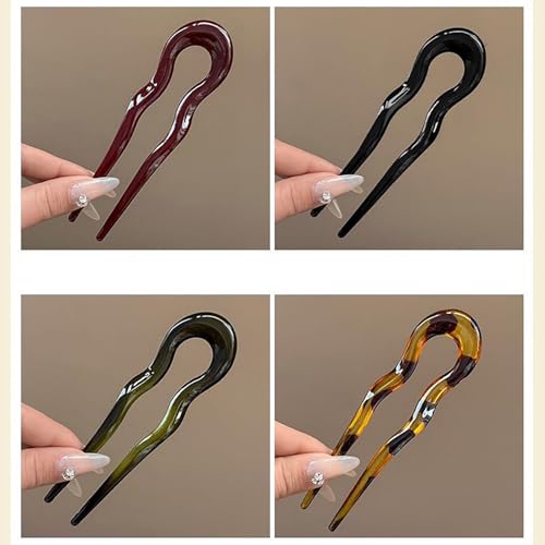 French Twist Stick Hair Fork, 4PCS Wavy U Shaped Hair Pin Clip for Spiral Updo Bun, Tortoise Shell, Fashion Flexible Durable Styling Hair Accessories for Women (Green, Black, Brown, Leopard Print)