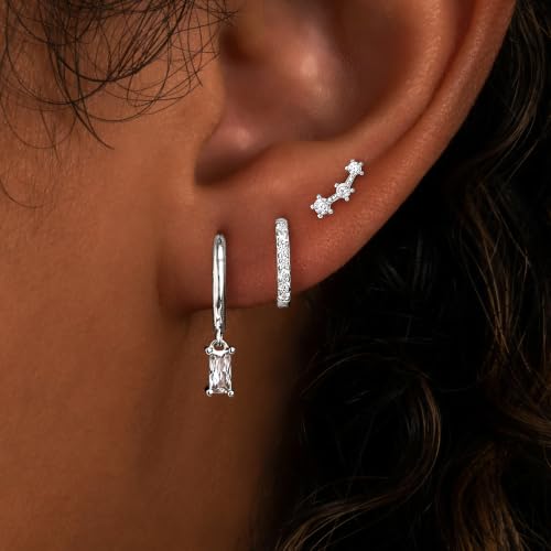Poxtex Small Sterling Silver Huggie Hoop Earrings Set for Women, Hypoallergenic 14K Gold Plated Hoops Stacks for Multiple Piercings, Dainty Cute Mini Lightweight Cartilage Studs Trendy Jewelry Gift - color: Silver-dangle climber