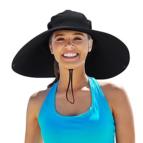 Leotruny Women Super Wide Brim Sun Hat UPF50+ Waterproof Bucket Hat for Fishing, Hiking, Camping - color: C04-black