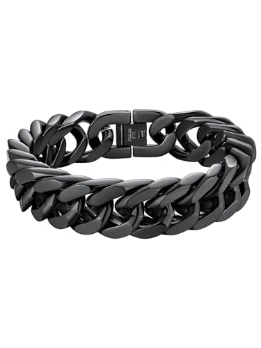 ChainsHouse Stainless Steel Cuban Link Bracelet, 8mm/12mm/17mm Width, 7.5"/8.3"/9", 18K Gold Plated Chain Wrist Bracelets for Men Women, Send Gift Box - color: F: Black-17mm width