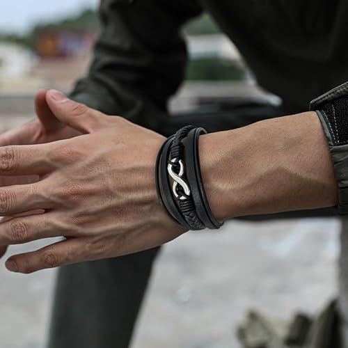 Men's Leather Infinity Bracelet Stainless Steel Number 8 Wristband Cuff Bangle Bracelets Gifts for Men, 8.3 & 9.1 inches - color: 02.Five-layers leather & silver infinity, size: 8.9inch(22.5cm)