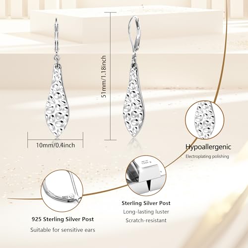 ALEXCRAFT Hammered Silver Dangle Earrings for Women, 14K Gold Plated French Leverback Earrings, Hypoallergenic Lightweight Statement Hammer Square Bar Long Drop Earing for Women Trendy Jewelry Gifts - color: SilverB