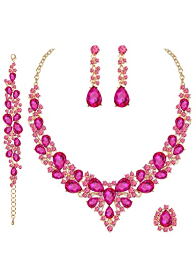 CSY 4 Pcs/Set Austrian Crystal Necklace Earrings Bracelet Ring Bridal Jewelry Sets for Brides Wedding Party Costume Accessories Gifts for Women - color: 02-gold plated-hot pink crystal