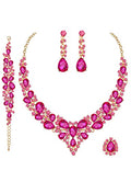 CSY 4 Pcs/Set Austrian Crystal Necklace Earrings Bracelet Ring Bridal Jewelry Sets for Brides Wedding Party Costume Accessories Gifts for Women - color: 02-gold plated-hot pink crystal