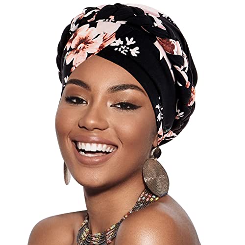 African Women Turban Caps Pre-Tied Twisted Turbans Head Scarf for Women Hair Wraps Cover Beanie Cancer Chemo Headwear - color: 1 Pack Twisted Braid A: Floral a