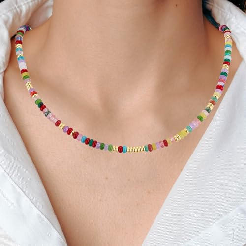 Boho Beaded Necklace for Women, Colorful Natural Stone Choker Necklace, Summer Beach Bead Necklaces Handmade Jewelry Birthday Gifts - color: 4MM