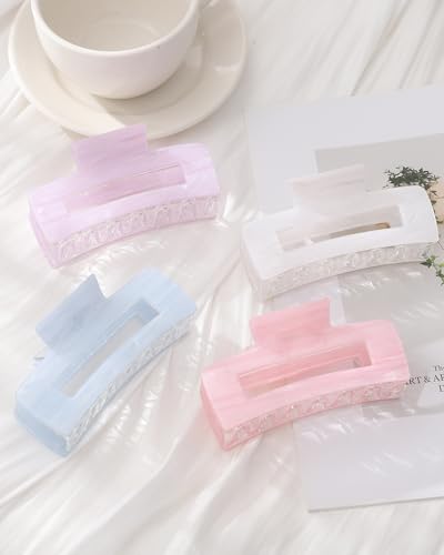 4Pcs Large Acrylic Hair Claw Clips, Nonslip Cute Hair Clips for Thick Hair and Long Hair, Rectangle Marble Claw Clips Hair Accessories for Women and Girls - color: White + Purple + Pink + Blue