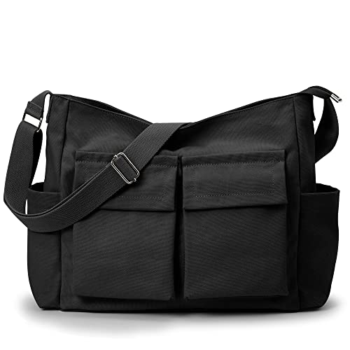 KALIDI Canvas Tote Bag Large Hobo Crossbody Shoulder Handbag Zipper Messenger Bag for Women or Men Casual College Work - color: Upgraded Black