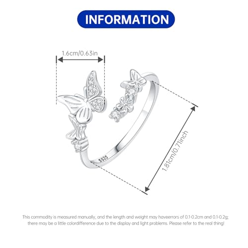 Rings for Women Butterfly Ring 925 Sterling Silver Rings Adjustable Promise Open Ring for Women Couple Wedding Engagement Jewelry Gifts - style: Butterfly