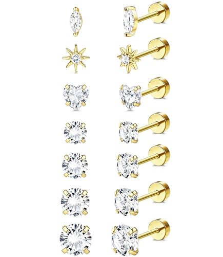 Incaton Hypoallergenic Flat Back Earrings for Women Silver 14K Gold Plated Surgical Stainless Steel Stud Earrings Cubic Zirconia Cartilage Studs Earrings For Multiple Piercing Sensitive Ears - color: GOLD