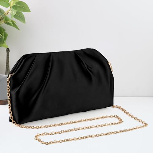 ERKOON Clutch Purse for Women Elegant Pleated Evening Bag Crossbody Shoulder Handbag Envelope Bag with 2 Detachable Chain - color: Black