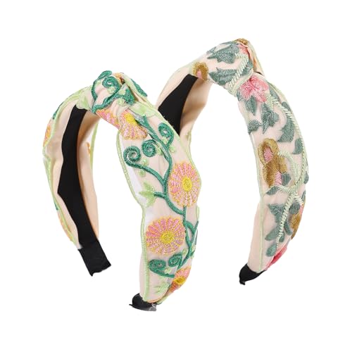 TURTLEDOVE 2 PCS Celtic Flowers Embroidered Headbands, White with Multicolor Flowers, Knotted Design, Wide Fashion Hair Accessory (Green) - color: Green