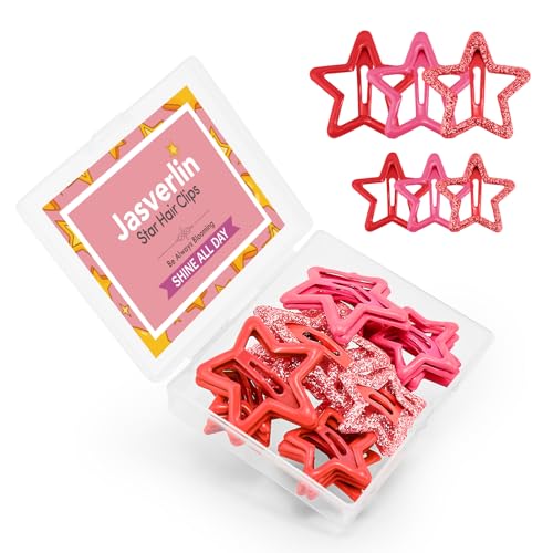 JASVERLIN 36 Pcs Red Star Hair Clips Accessories for Women Girls, Y2k Kawaii Thin Thick Cute Colorful Metal Snap Barrettes for Rave Glitter Hairclips Mixed Sizes - color: Red
