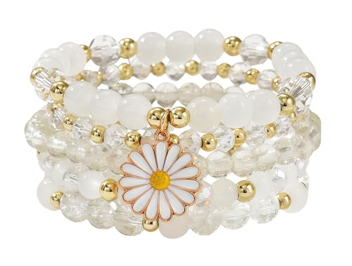 LOTSOF Boho Flower Beaded Bracelet Set for Women - Multilayer Crystal & Flower Charm Stackable Bracelets, Fashion Jewelry Gift for Her - color: White