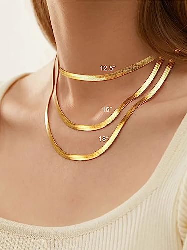 FOCALOOK 14K Gold Plated Necklaces for Women, Fashion Herringbone Choker Necklace Stainless Steel Flat Snake Chain 3/5MM(W) 12.5"/15"/18"+3.5"(L) - color: 5MM-14K Gold-15"