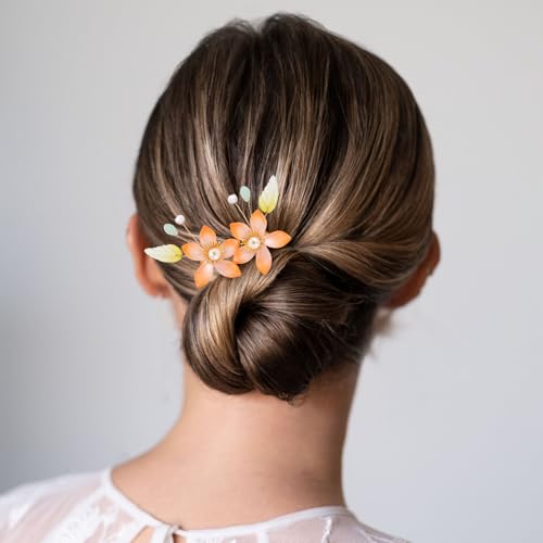HINZIC 5pcs Flower Tassels Hairpin for Women, Non-Slip Pearl Butterfly Love Flower Hair Combs, Retro Chinese Hanfu Wedding Brides Hair Accessories for Long Hair - color: Orange