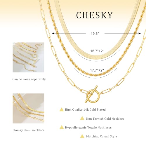 CHESKY Layered Necklaces for Women, 14K Gold Plated Chain Necklace Women Trendy Cuban Link Paperclip Chain Toggle Clasp Necklace Fashion Chunky Jewelry for Women - style: chain1-gd