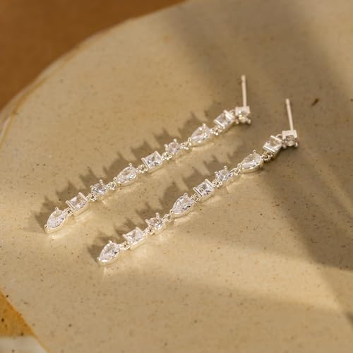 LLWOM 14K Gold/White Gold Plated CZ/Flower/North Star/Leaf Dangle Drop Earrings Studs for Women, Statement Earrings for Wedding Party Prom, Hypoallergenic Jewelry Gift - color: Silver CZ