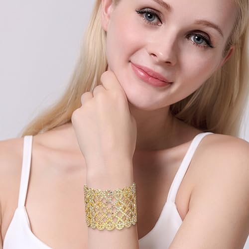 EVER FAITH Art Deco Love Knot Wide Stretch Bridal Bracelet Austrian Crystal - color: Iridescent AB Gold-Tone
