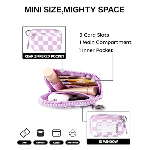 Wristlet Wallet for Women Mini Zip Card Case with Clear ID Window Zipper Coin Purse Lightweight Portable Keychain Wallet - color: Purple Lattice