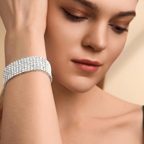 Zealmer Sparkle Multicolor Rhinestone Stackable Stretch Bracelets for Women - color: 6 Row Silver Bracelet