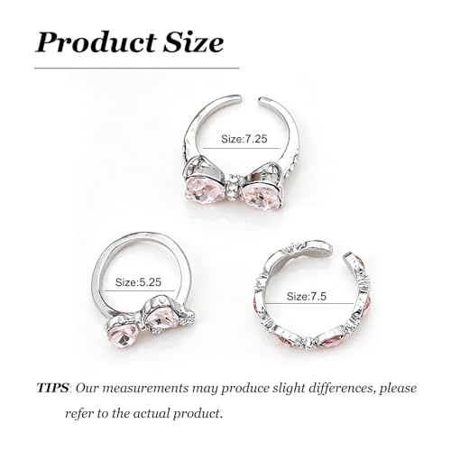 Bow Ring Set for Women Silver Stacking Adjustable Pink Heart Bow Rings Stacking Boho Statement Wedding Engagement Ring Anniversary Birthday Gifts - color: A