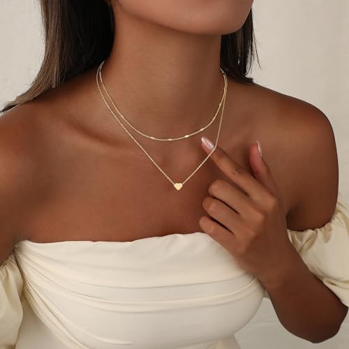 Layered Gold Necklace for Women Trendy 14K Gold Plated Heart CZ Pendant Layered Gold Necklaces Set Coin Choker Necklaces Simple Circle Cubic Zirconia Pearl Necklace Stack Herringbone Paperclip Chain Jewelry Set - style: 2PCS-Heart pendant-GD